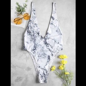 Zaful Marble Print High Cut One-Piece Swimsuit